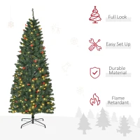 HOMCOM 6FT Prelit Artificial Pencil Christmas Tree with Warm White LED Light, Red Berry, Holiday Home Xmas Decoration, Green(m-4)