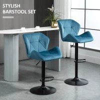 HOMCOM Bar Stools Set Of 2, Luxurious Velvet-Touch Barstools with Metal Frame Footrest Round Base Triangle Indenting Moulded Seat Adjustable Height Swivel Blue(m-4)
