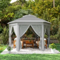 Outsunny 3 x 4m Garden Gazebo Hexagon Pop Up Gazebo Party Tent Canopy Double Roof Instant Shelter with Netting and Carry Bag for Outdoor Patio, Dark Grey(m-8)