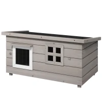 PawHut Wooden Outdoor Cat House, Elevated Cat Shelter Kennel, Pet Play House with Openable Top, Asphalt Roof, Window, Grey(m-11)