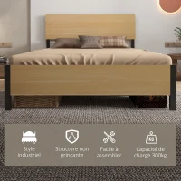 HOMCOM Cadre de lit double en acier avec sommier et tête de lit compatible matelas 140 x 190 cm aspect bois foncé(m-4)