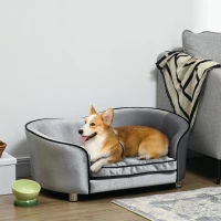 PawHut Dog Sofa Pet Chair, Kitten Bed Couch w/ Wooden Frame, Removable Cushion - Silver-Tone and Grey(m-2)