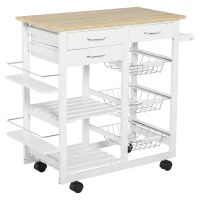 HOMCOM Carrello da Cucina con Ruote, Mobile da Cucina Salvaspazio in Legno Massiccio: 3 Cassetti, 3 Cestelli, 2 Portaspezie, 2 Ripiani, 92x37x82 cm(m-10)
