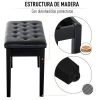 HOMCOM Taburete de Piano Banco de Teclado con Espacio de Almacenamiento Bajo del Asiento de Cuero Sintético 76x36x50 cm Negro(m-4)