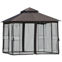 Outsunny 3 x 3 Meter Metal Gazebo Garden Outdoor 2-tier Roof Marquee Party Tent Canopy Pavillion Patio Shelter with Netting and Shelf Coffee(m-11)