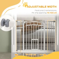 PawHut Pressure Fit Stair Dog Gate w/ Small Cat Door, Automatic Closing Door, Double Locking, for 74-100cm Openings - White(m-7)