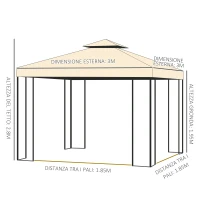 Outsunny Gazebo da Giardino 3x3m con Zanzariera, Telaio in Acciaio e Doppio Tettuccio, Beige(m-3)