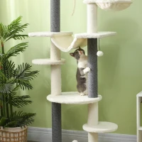 PawHut Árbol para Gatos de Suelo a Techo 225-255 cm con Hamacas Plataformas Juguete de Cuerda Bola de Juguete Crema y Gris(m-9)