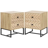 HOMCOM Bedside Table Nightstand Two-Drawer Bedroom Storage Unit Zig Zag Design with Black Metal Handles, Set of 2, Natural(m-1)