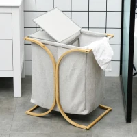 HOMCOM Panier à linge sale panier de rangement bac en bambou 2 paniers en tissu avec couvercle - 55L x 40l x 62H cm gris foncé(m-8)