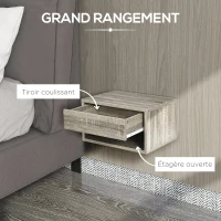 HOMCOM Lot de 2 tables de chevet murales table de nuit tiroir coulissant niche plateau en bois dim. 37L x 32l x 21H cm Gris(m-6)