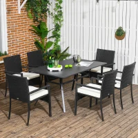 Outsunny Set da Giardino 7 Pezzi in Rattan PE con Tavolo da Pranzo 150x90x72 cm e 6 Sedie 58x62x87 cm con Cuscini(m-2)