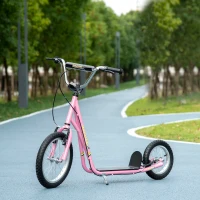 HOMCOM Kids Scooter, Teen Kick Scooter with Rubber Wheels, 16" Front Wheel, Height Adjustable Handlebar, Dual Brakes, Kick Stand, for 5+ Years, Pink(m-10)