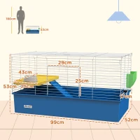 PawHut Chinchillas Small Rabbit Guinea Pig Small Animal Cage, Pet Playhouse, with Platform, Ramp, 99 x 52 x 53cm, Blue(m-3)