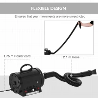 PawHut Dog Hair Dryer Pet Grooming Blaster Dryer Blower Adjustable Temperature Speed with 2.1M Flexible Hose 3 Nozzles - Black(m-7)