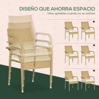 Outsunny Conjunto de Muebles de Ratán PE de 7 Piezas Mesa con Encimera de Cristal y 6 Sillas Apilables para Exterior Arena(m-6)