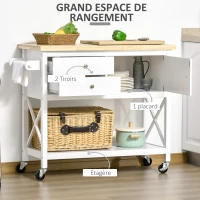 HOMCOM Desserte de cuisine multi-rangements - dim. 108L x 45l x 89H cm - poignées métal MDF blanc plateau bois hévéa(m-4)