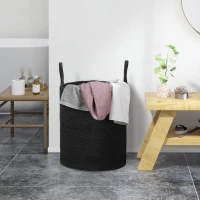 HOMCOM Cesto Portabiancheria da 36L Portatile e Pieghevole con Manici in Cotone Naturale, Ø38x45 cm, Nero(m-2)