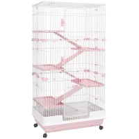 PawHut Six-Tier Small Animal Cage, for Bunnies, Ferrets, Chinchillas w/ Wheels, Tray - Pink(m-1)
