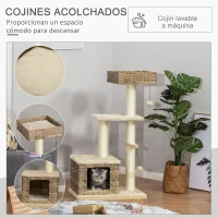 PawHut Rascador Árbol para Gatos 60x40x109 cm con Cueva de Ratán Cojín Plataformas Cama Bolas de Juego y Postes de Rascar de Sisal Natural Beige y Marrón(m-5)