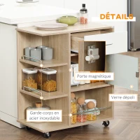 HOMCOM Desserte de cuisine îlot central cuisine roues pivotantes 360° étagères avec barrières 65 x 39 x 80 cm naturel(m-6)