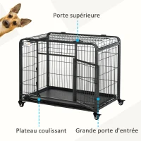 PawHut Cage pour chien pliable cage de transport sur roulettes 2 portes verrouillables plateau amovible dim. 94L x 58l x 69,5H cm métal gris noir(m-4)