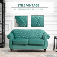HOMCOM Divano 2 Posti Design Vintage Rétro in Legno e Velluto, 148 x 72 x 76 cm, Verde(m-7)