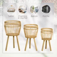 Outsunny Lot de 3 supports cache-pots à plantes lot de 3 étagères à fleurs support pots de fleurs sur pied trépied bois naturel(m-6)