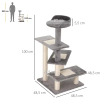 PawHut Árbol Rascador para Gatos 48,5x48,5x100 cm Centro de Actividad 3 Plataformas para Arañar Tablero Aglomerado Cubierta de Felpa Sisal Gris y Beige(m-3)