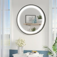kleankin Round LED Bathroom Mirror, Dimmable Lighted Wall-Mounted Mirror with 3 Temperature Colours, Memory Function, Hardwired(m-10)