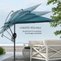 Outsunny Parasol déporté octogonal inclinable Ø2,93 x 2,60 m avec manivelle protection UV pour balcon patio terrasse bleu(m-5)