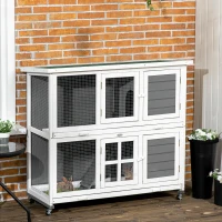 PawHut Wooden Rabbit Hutch, Two-Tier Guinea Pig Cage, with Removable Tray, Wheels(m-10)