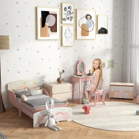 ZONEKIZ Kids Bedroom Furniture Set Includes Bed Frame, Toy Chest, Dressing Table for Ages 3-6 Years, Pink(m-2)