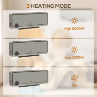 HOMCOM Wall Downflow Heater 2 Heat and Fan 1000W/2000W, Electric Space Heater with Timer Remote Oscillating, for Bedroom Home Office, Grey(m-7)