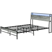HOMCOM King Steel Bed Frame, with LED Lights and Headboard Shelf - Grey(m-11)