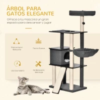 PawHut Árbol para Gatos Grande Altura 146 cm con Plataformas Cueva de Fieltro Extraíble Postes Rascadores de Sisal Hamaca Cojines Lavables Rampa y Bola de Juguete 60x40x146 cm Gris(m-4)
