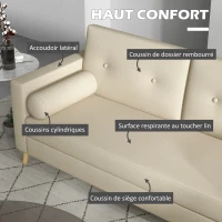 HOMCOM Canapé 3 places 180 cm style scandinave 2 petits coussins supplémentaires piètement bois revêtement tissu blanc crème(m-5)