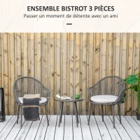 Outsunny Ensemble de jardin salon de jardin en résine tressée cadre en acier 2 fauteuils + 1 table basse coussins inclus gris(m-4)
