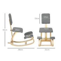 HOMCOM Siège assis genoux, siège ergonomique en bois à bascule avec dossier, chaise à genoux pour bureau à domicile, gris(m-3)