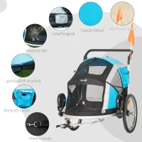 PawHut Carrello Trasporto Cani sotto i 30kg, Rimorchio Bici per Cani con Porta Anteriore e Posteriore, Finestre a Rete e Tetto Apribile, 150x82x98-108cm(m-7)