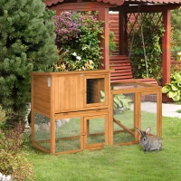 PawHut Conigliera a 2 Livelli in Abete e Acciaio con Casetta, Spazio Aperto e Vassoio, 141x49x86cm(m-2)