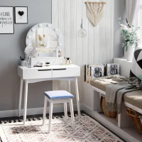 HOMCOM Dressing Table Set with LED with Table Stool Table Stool Set Makeup Dresser Desk with 4 Drawers for Bedroom White(m-4)