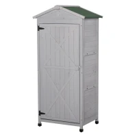 Outsunny Wooden Garden Shed, Outdoor Storage Cabinet with 2 Shelves and Hooks, Locking Organiser Outdoor Narrow Tool House, 74x55x155cm, Grey(m-1)