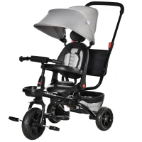 HOMCOM Tricycle Enfant évolutif Pliable - Pare-Soleil, Canne télescopique Amovible - siège pivotant, Harnais, Arceau sécurité - Repose-Pied - 3 paniers Rangement - métal PP Gris Noir(m-10)