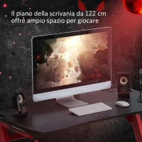HOMCOM Scrivania PC Postazione Gaming con Gancio per Cuffie e Porta Tazza, Metallo e Legno, 122x66x96cm, Nero e Rosso(m-4)