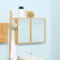 kleankin Armoire murale de salle de bain avec miroirs et 2 portes en bambou 65,2 x 14 x 50 cm(m-7)