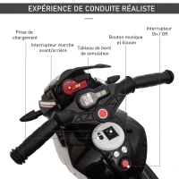 HOMCOM Moto électrique enfants 3 roues 6 V, voiture électrique enfants avec effets lumineux et sonores, vitesse max. 3 km/h, pour 3 à 5 ans, charge max. 25 kg, noir et blanc(m-5)