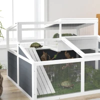 PawHut Maison enclos cage pour petit animal tortue avec 2 espaces toit en polycarbonate 3 portes rampe 115 x 115 x 82 cm gris(m-9)