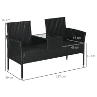 Outsunny Divanetto per Esterni 2 Posti con Tavolino da Caffè, in Acciaio e Rattan PE, 137x59x82 cm, Nero(m-3)