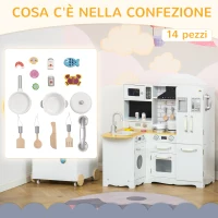 HOMCOM Cucina Giocattolo in Legno per Bambini 3-6 Anni con 14 Accessori, Forno e Lavandino, 82x65x87 cm, Bianco(m-6)